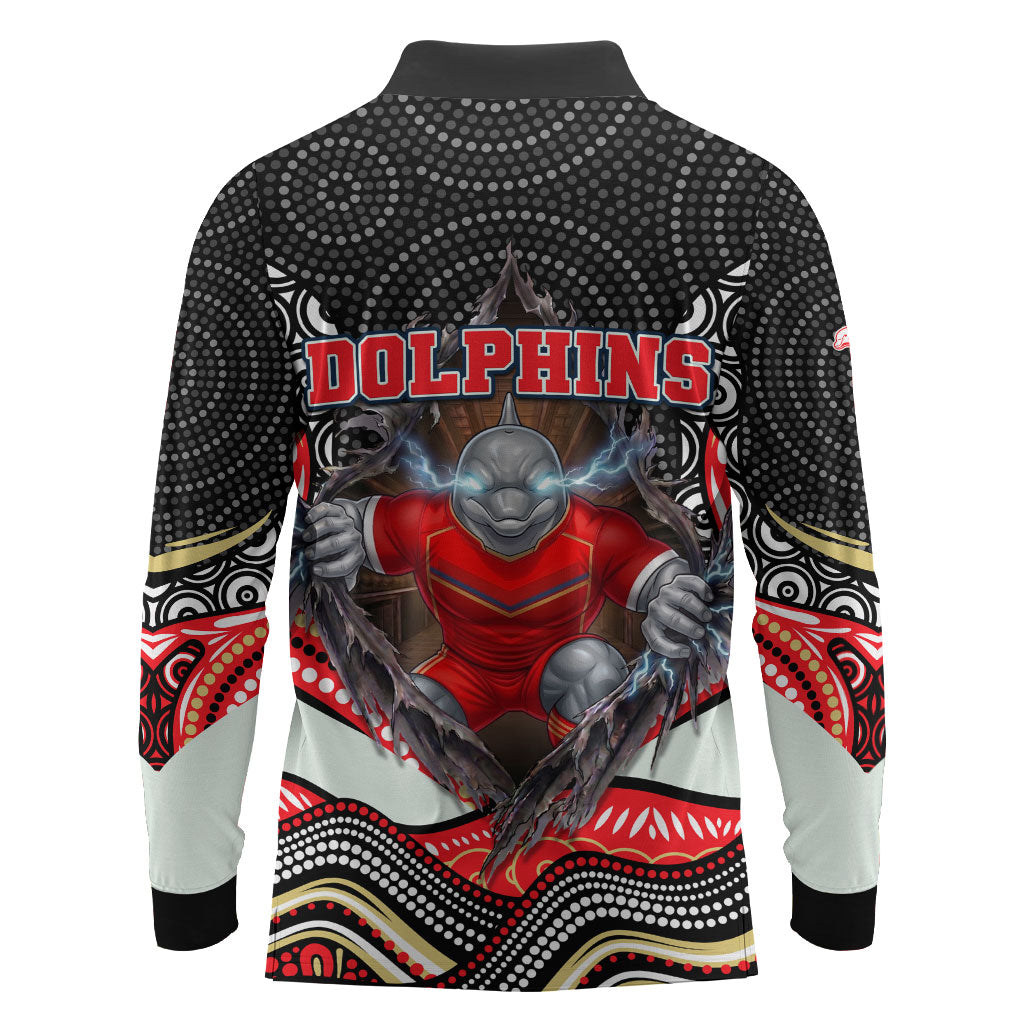 Dolphins Long Sleeve Polo Shirt The Scream of Lightning Eyes - Indigenous Dot Ripping Effect