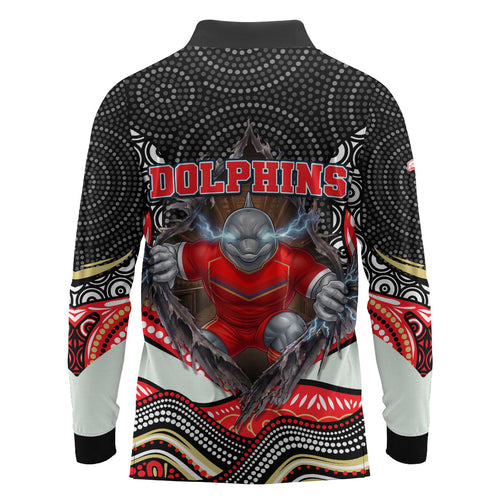 Dolphins Long Sleeve Polo Shirt The Scream of Lightning Eyes - Indigenous Dot Ripping Effect