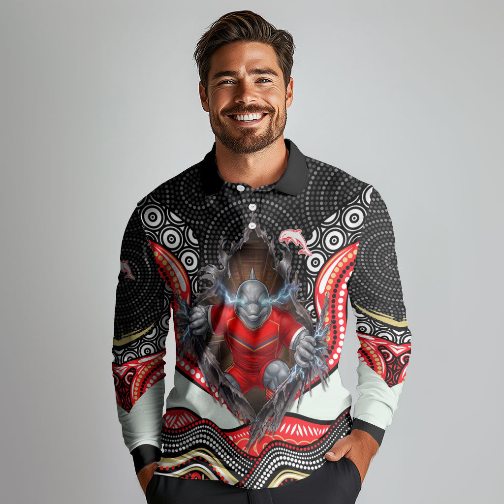 Dolphins Long Sleeve Polo Shirt The Scream of Lightning Eyes - Indigenous Dot Ripping Effect