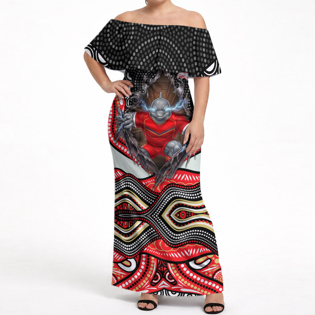 Dolphins Off Shoulder Maxi Dress The Scream of Lightning Eyes - Indigenous Dot Ripping Effect