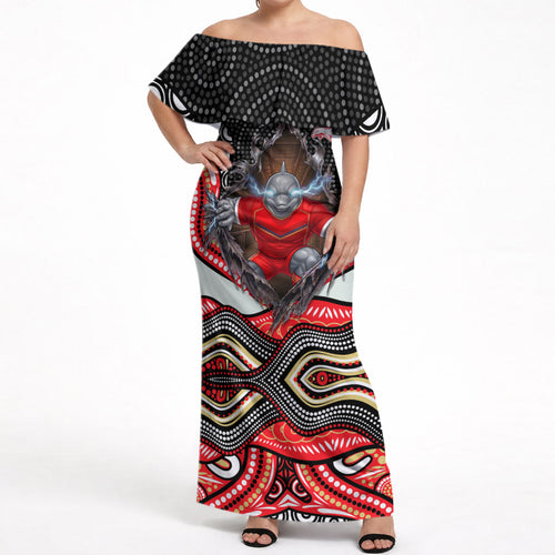 Dolphins Off Shoulder Maxi Dress The Scream of Lightning Eyes - Indigenous Dot Ripping Effect
