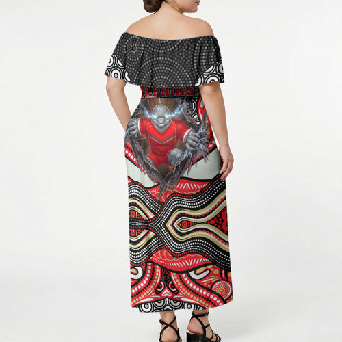 Dolphins Off Shoulder Maxi Dress The Scream of Lightning Eyes - Indigenous Dot Ripping Effect