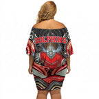 Dolphins Off Shoulder Short Dress The Scream of Lightning Eyes - Indigenous Dot Ripping Effect