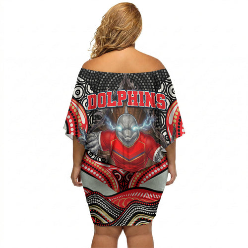 Dolphins Off Shoulder Short Dress The Scream of Lightning Eyes - Indigenous Dot Ripping Effect
