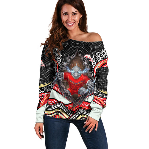 Dolphins Off Shoulder Sweater The Scream of Lightning Eyes - Indigenous Dot Ripping Effect