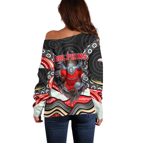 Dolphins Off Shoulder Sweater The Scream of Lightning Eyes - Indigenous Dot Ripping Effect