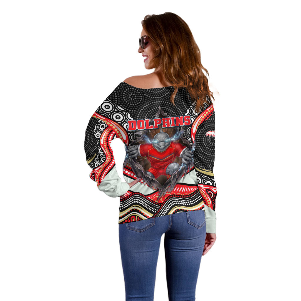 Dolphins Off Shoulder Sweater The Scream of Lightning Eyes - Indigenous Dot Ripping Effect