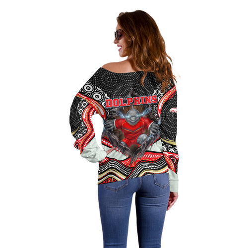 Dolphins Off Shoulder Sweater The Scream of Lightning Eyes - Indigenous Dot Ripping Effect