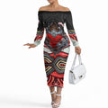 Dolphins Off The Shoulder Long Sleeve Dress The Scream of Lightning Eyes - Indigenous Dot Ripping Effect