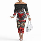 Dolphins Off The Shoulder Long Sleeve Dress The Scream of Lightning Eyes - Indigenous Dot Ripping Effect