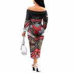 Dolphins Off The Shoulder Long Sleeve Dress The Scream of Lightning Eyes - Indigenous Dot Ripping Effect