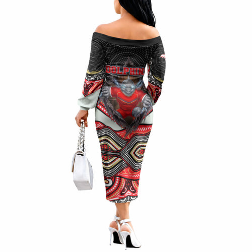 Dolphins Off The Shoulder Long Sleeve Dress The Scream of Lightning Eyes - Indigenous Dot Ripping Effect