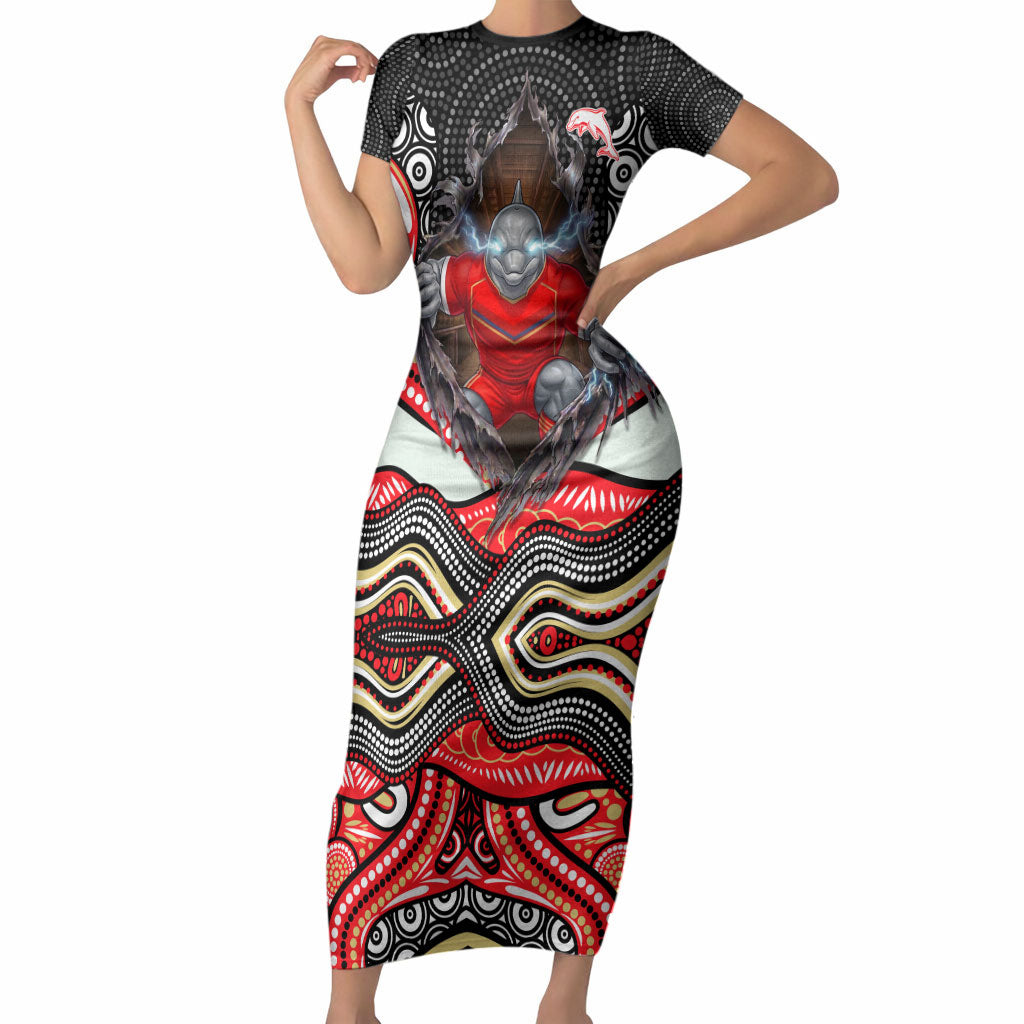Dolphins Short Sleeve Bodycon Dress The Scream of Lightning Eyes - Indigenous Dot Ripping Effect