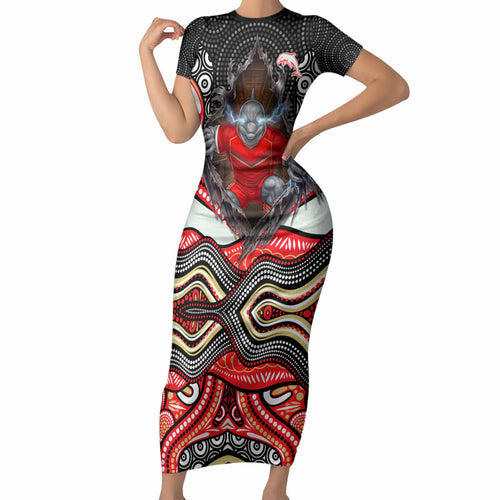 Dolphins Short Sleeve Bodycon Dress The Scream of Lightning Eyes - Indigenous Dot Ripping Effect