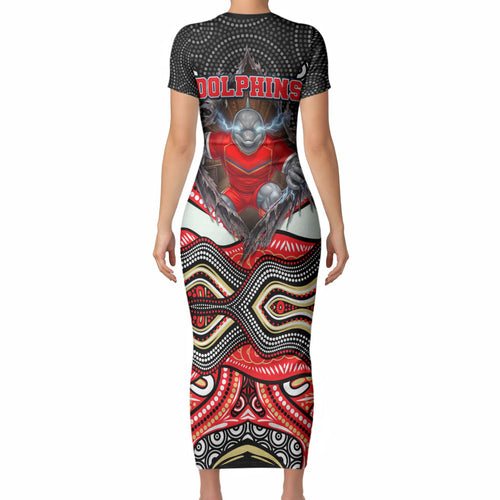 Dolphins Short Sleeve Bodycon Dress The Scream of Lightning Eyes - Indigenous Dot Ripping Effect