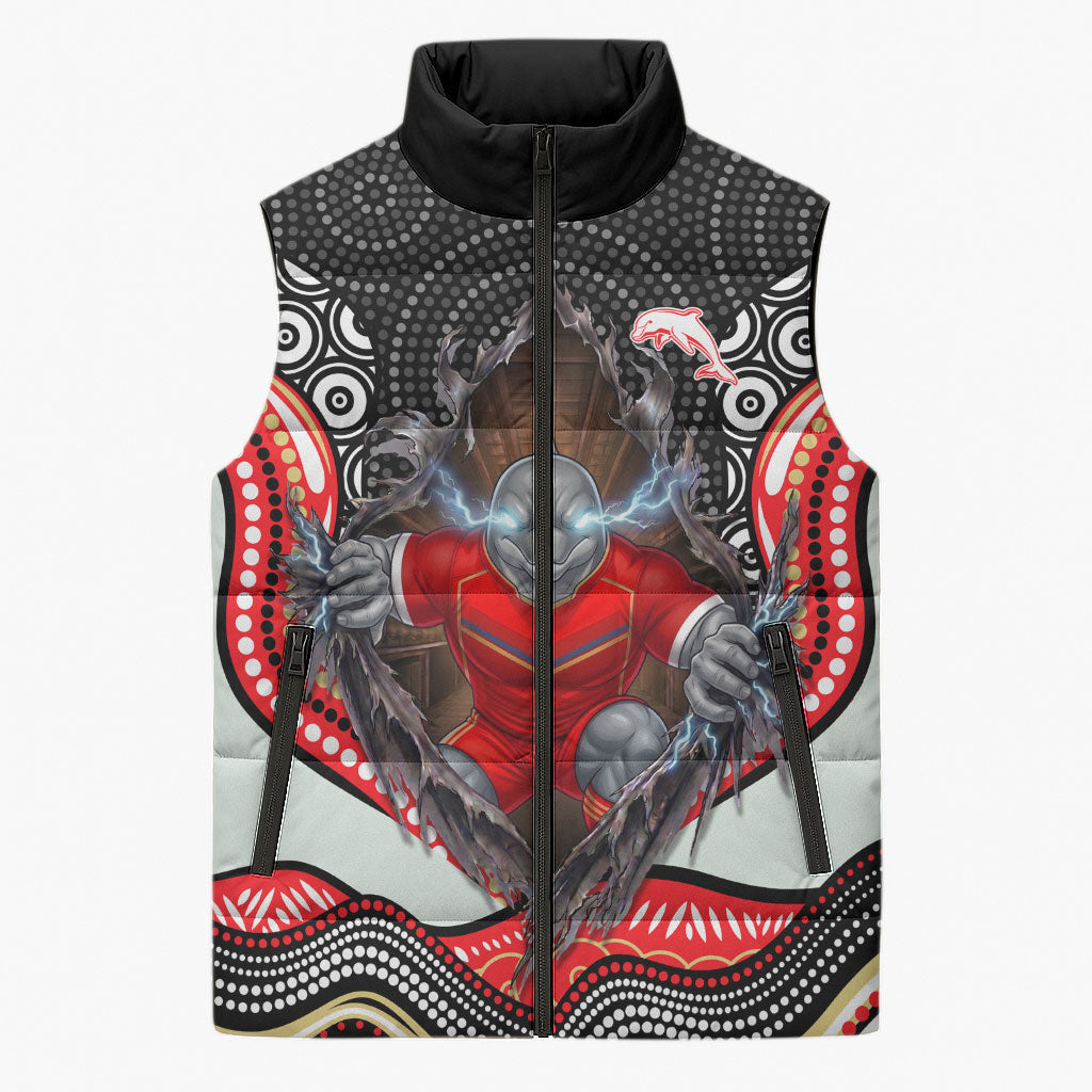 Dolphins Sleeveless Puffer Jacket The Scream of Lightning Eyes - Indigenous Dot Ripping Effect