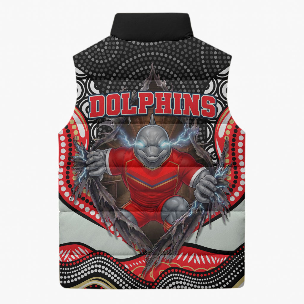 Dolphins Sleeveless Puffer Jacket The Scream of Lightning Eyes - Indigenous Dot Ripping Effect