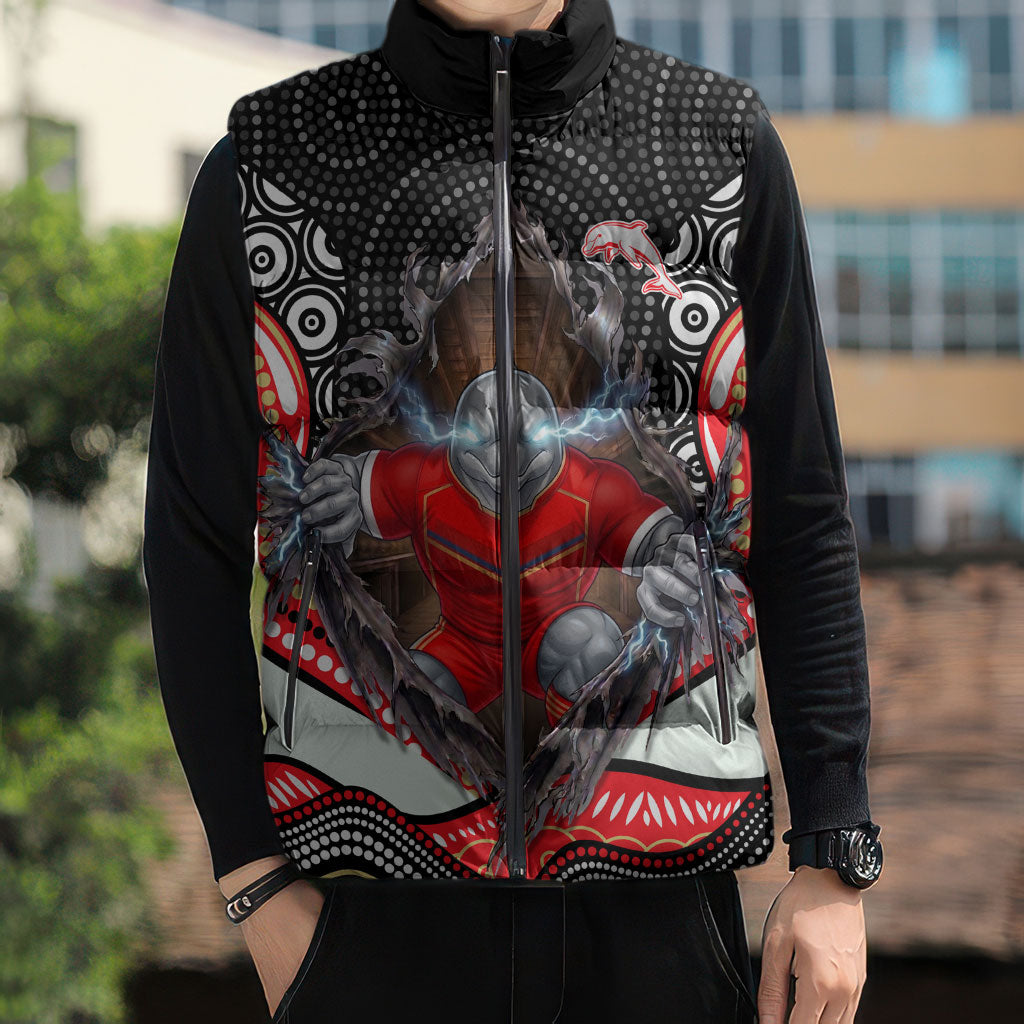 Dolphins Sleeveless Puffer Jacket The Scream of Lightning Eyes - Indigenous Dot Ripping Effect