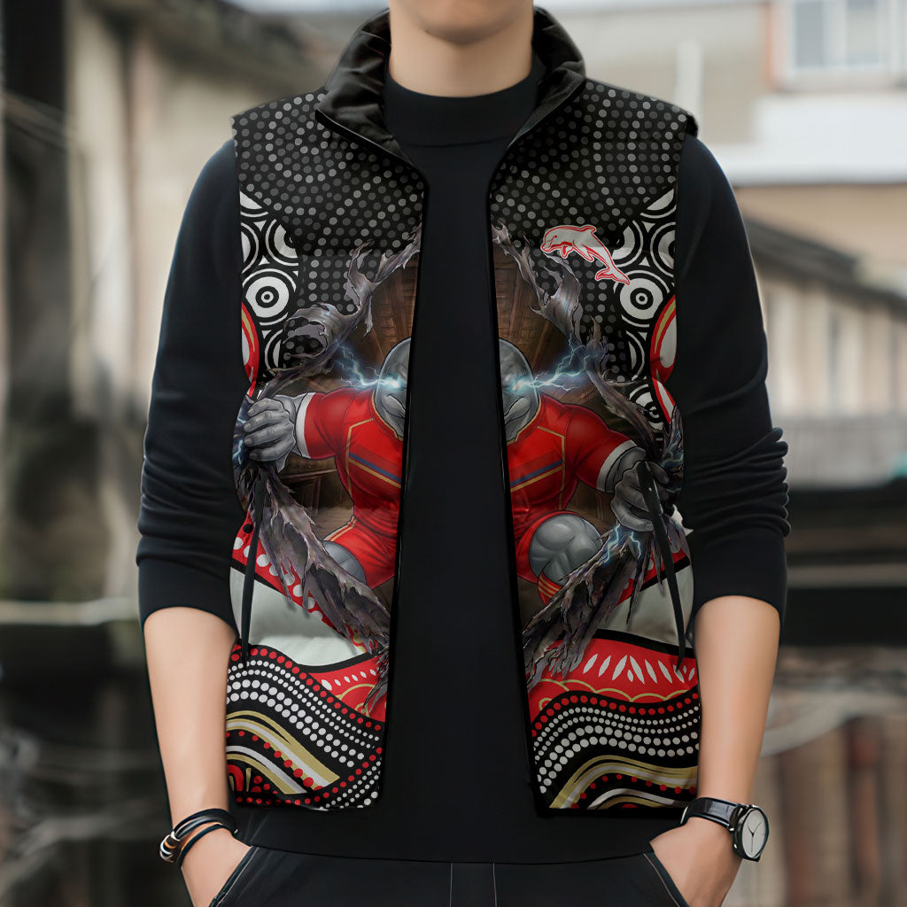 Dolphins Sleeveless Puffer Jacket The Scream of Lightning Eyes - Indigenous Dot Ripping Effect