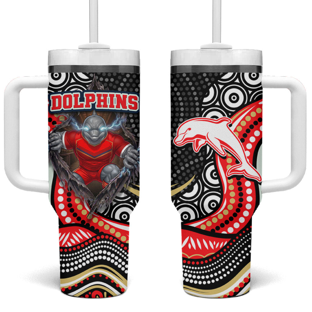 Dolphins Tumbler With Handle The Scream of Lightning Eyes - Indigenous Dot Ripping Effect