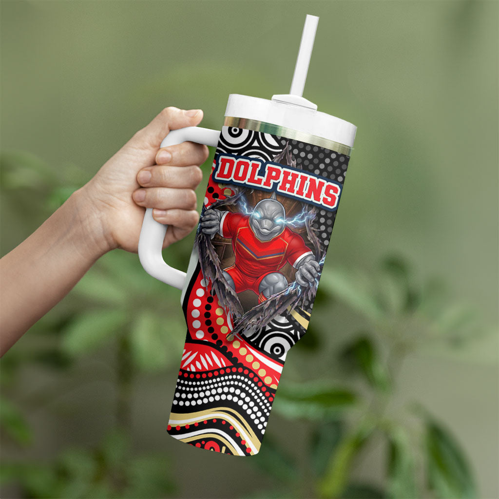 Dolphins Tumbler With Handle The Scream of Lightning Eyes - Indigenous Dot Ripping Effect