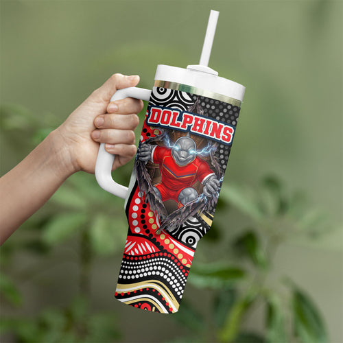Dolphins Tumbler With Handle The Scream of Lightning Eyes - Indigenous Dot Ripping Effect