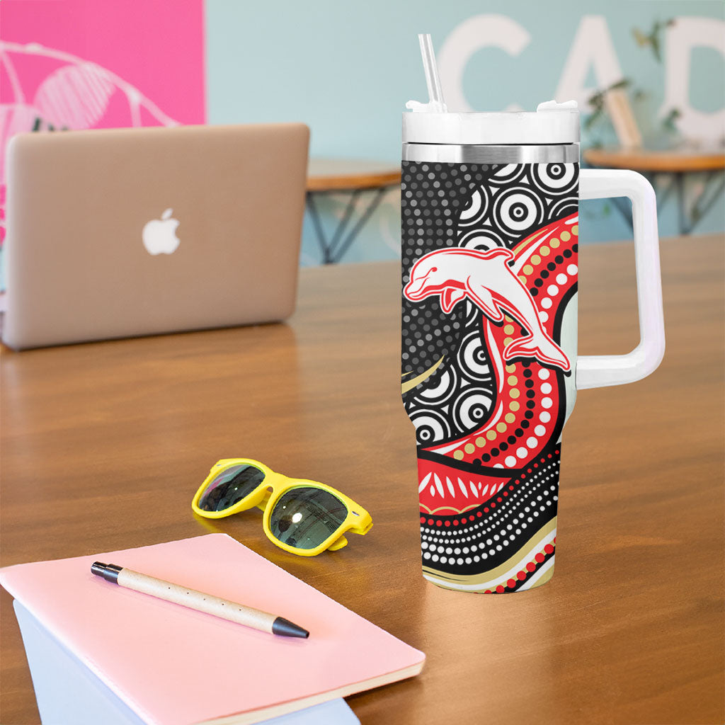 Dolphins Tumbler With Handle The Scream of Lightning Eyes - Indigenous Dot Ripping Effect
