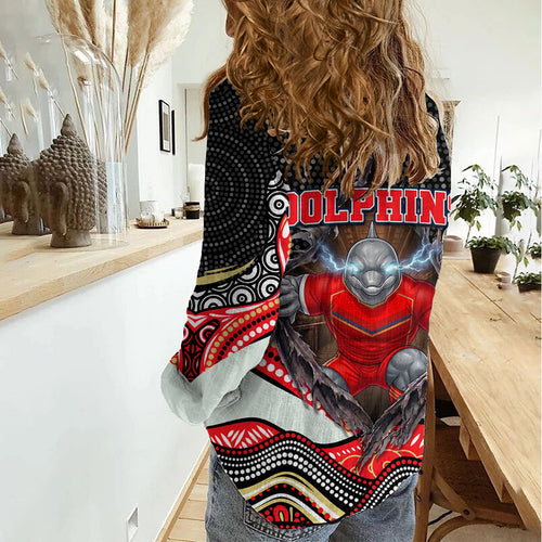 Dolphins Women Casual Shirt The Scream of Lightning Eyes - Indigenous Dot Ripping Effect