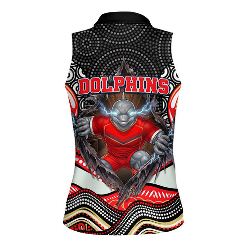 Dolphins Women Sleeveless Polo Shirt The Scream of Lightning Eyes - Indigenous Dot Ripping Effect