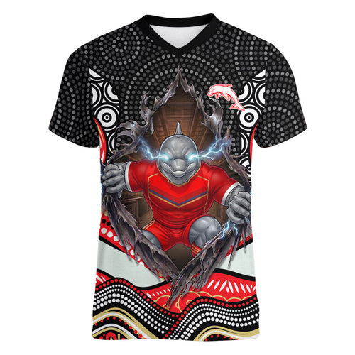 Dolphins Women V-Neck T-Shirt The Scream of Lightning Eyes - Indigenous Dot Ripping Effect