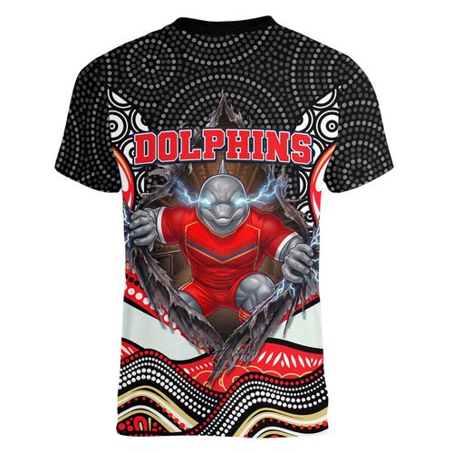 Dolphins Women V-Neck T-Shirt The Scream of Lightning Eyes - Indigenous Dot Ripping Effect