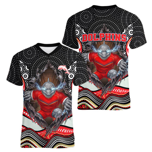 Dolphins Women V-Neck T-Shirt The Scream of Lightning Eyes - Indigenous Dot Ripping Effect