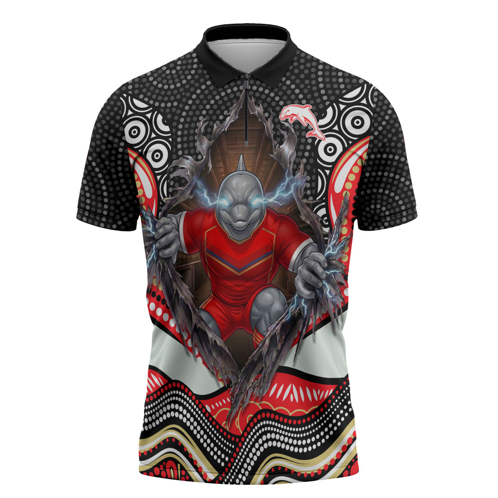 Dolphins Zipper Polo Shirt The Scream of Lightning Eyes - Indigenous Dot Ripping Effect