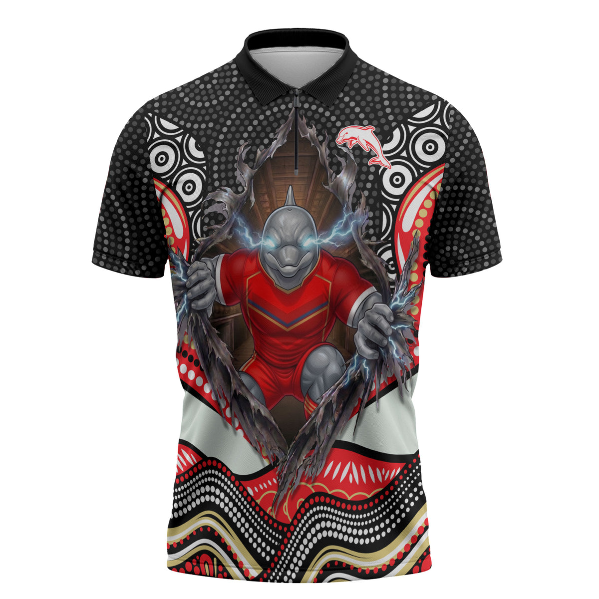 Dolphins Zipper Polo Shirt The Scream of Lightning Eyes - Indigenous Dot Ripping Effect