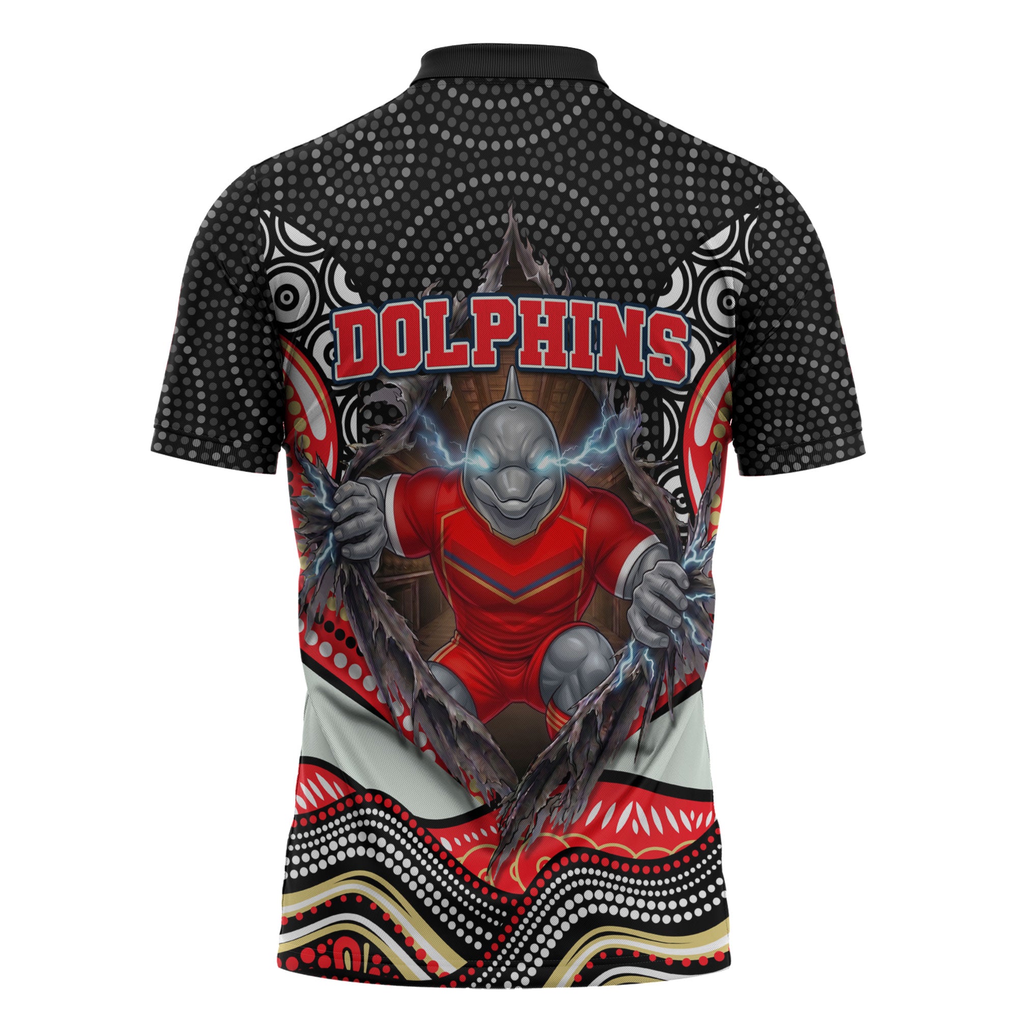 Dolphins Zipper Polo Shirt The Scream of Lightning Eyes - Indigenous Dot Ripping Effect
