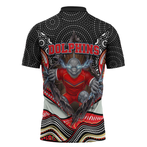 Dolphins Zipper Polo Shirt The Scream of Lightning Eyes - Indigenous Dot Ripping Effect