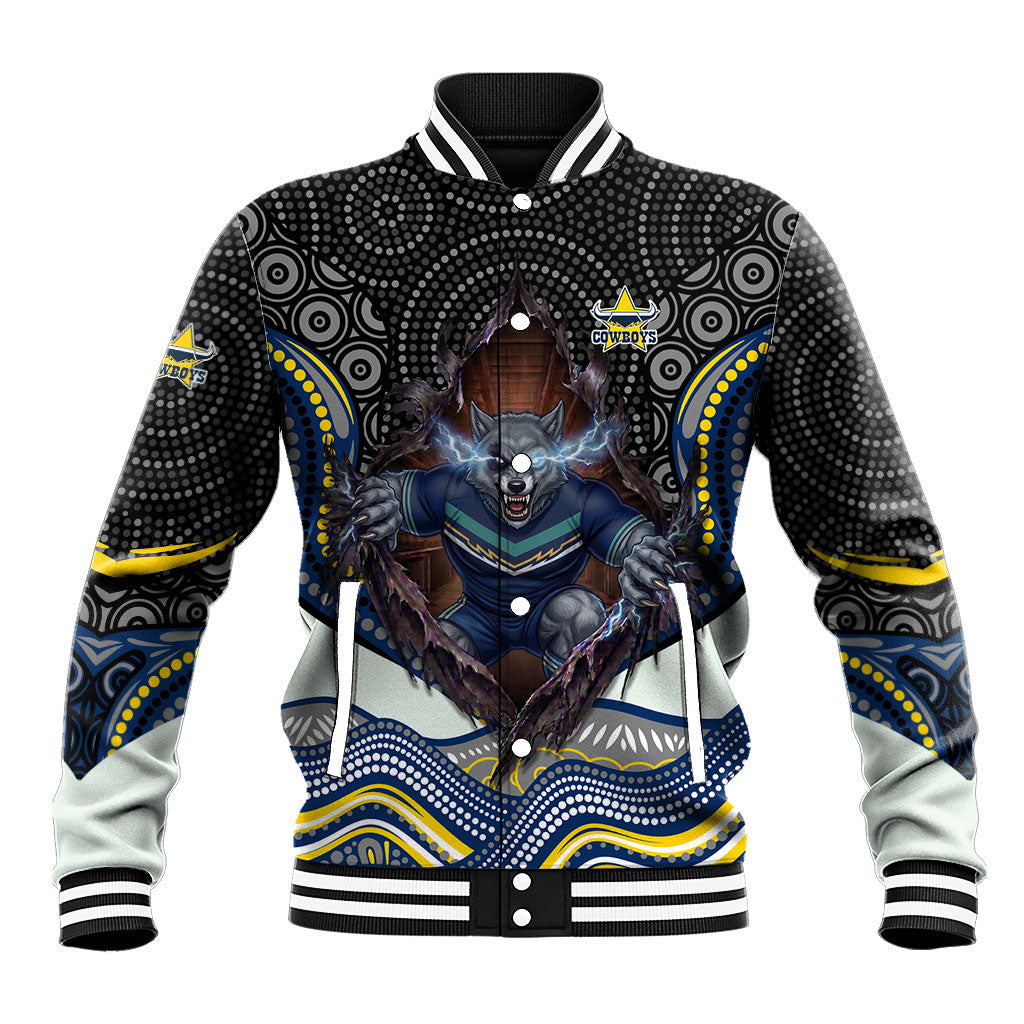 North Queensland Cowboys Baseball Jacket The Scream of Lightning Eyes - Indigenous Dot Ripping Effect