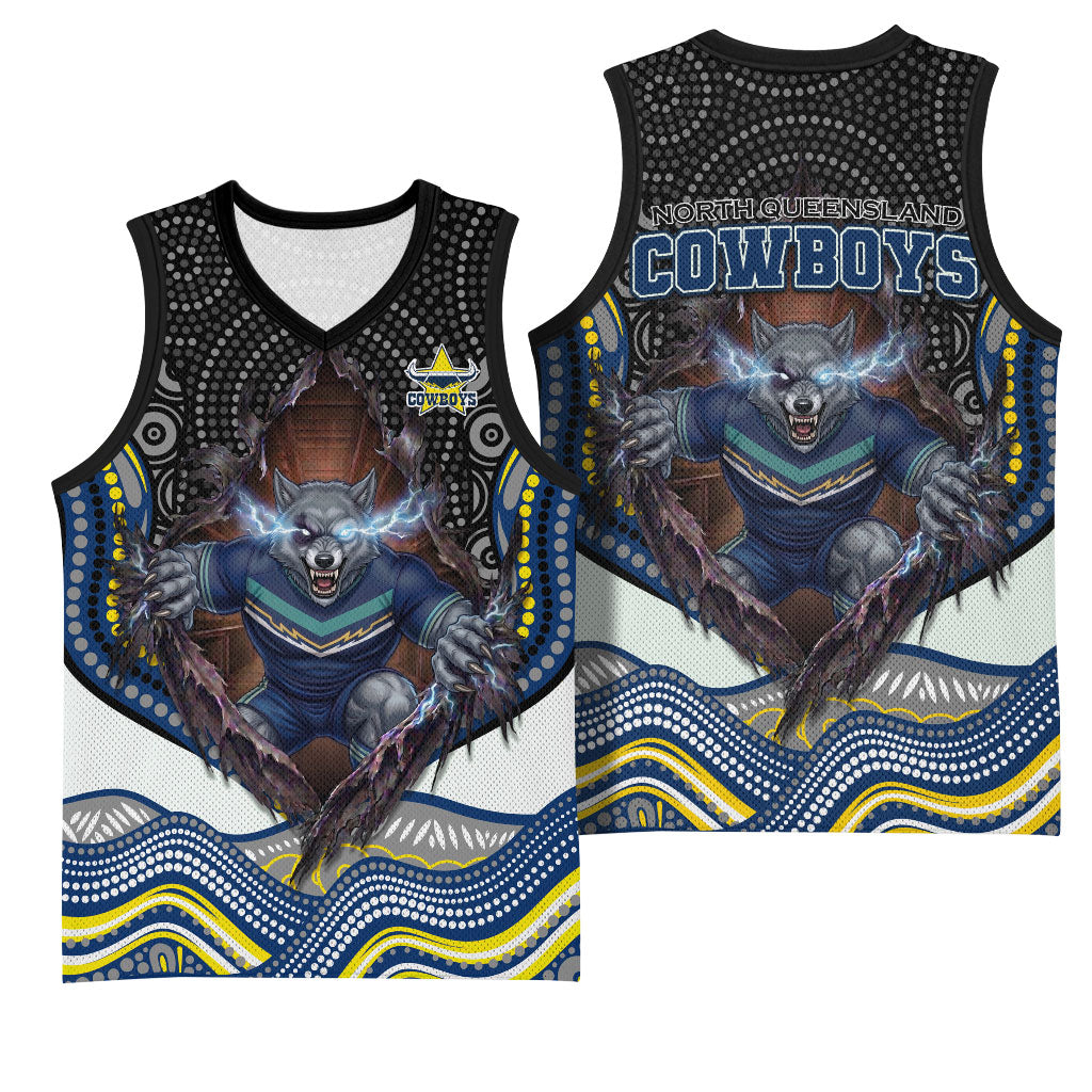 North Queensland Cowboys Basketball Jersey The Scream of Lightning Eyes - Indigenous Dot Ripping Effect