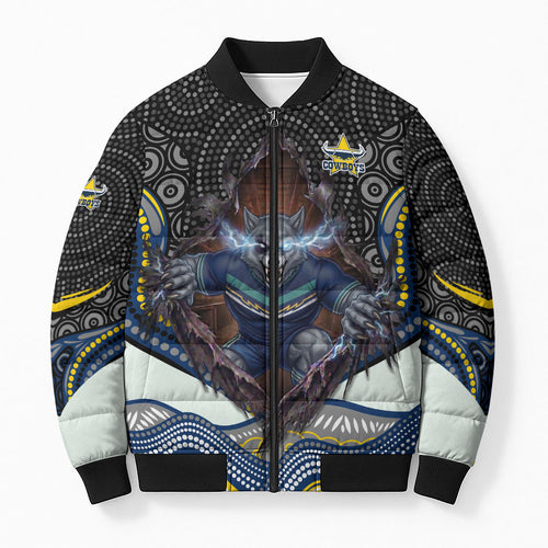 North Queensland Cowboys Bomber Puffer Jacket The Scream of Lightning Eyes - Indigenous Dot Ripping Effect