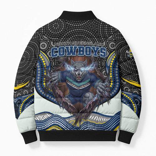 North Queensland Cowboys Bomber Puffer Jacket The Scream of Lightning Eyes - Indigenous Dot Ripping Effect
