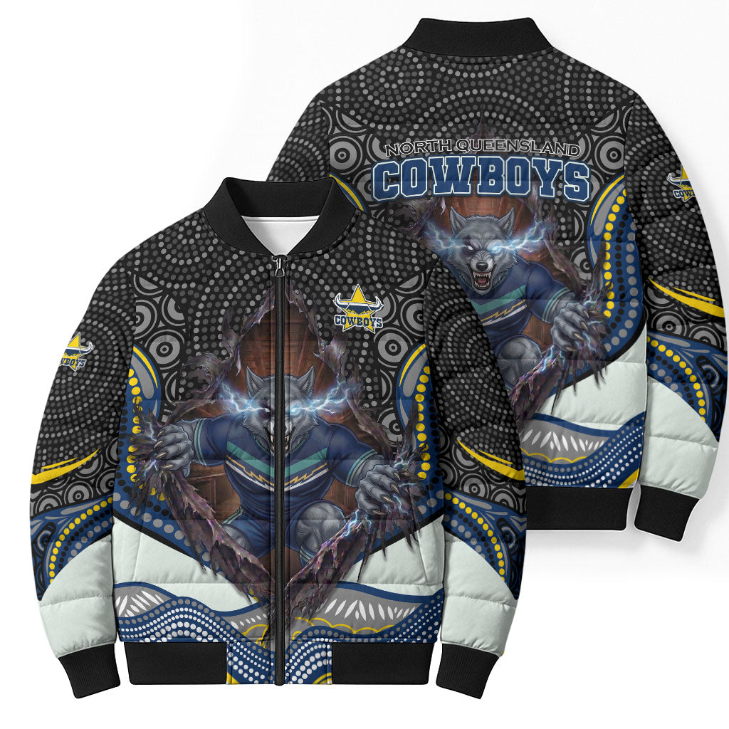 North Queensland Cowboys Bomber Puffer Jacket The Scream of Lightning Eyes - Indigenous Dot Ripping Effect
