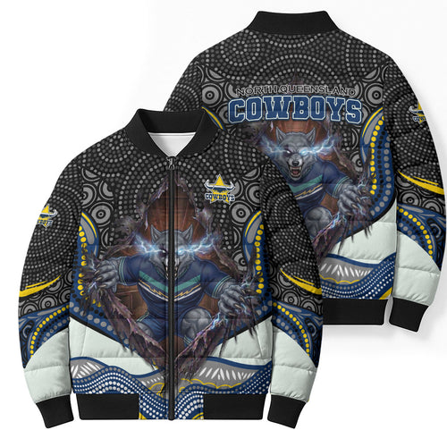 North Queensland Cowboys Bomber Puffer Jacket The Scream of Lightning Eyes - Indigenous Dot Ripping Effect