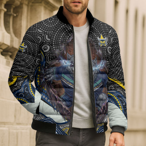 North Queensland Cowboys Bomber Puffer Jacket The Scream of Lightning Eyes - Indigenous Dot Ripping Effect
