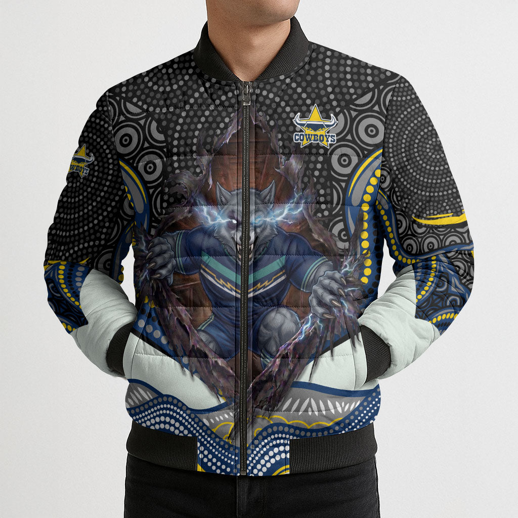 North Queensland Cowboys Bomber Puffer Jacket The Scream of Lightning Eyes - Indigenous Dot Ripping Effect