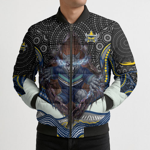 North Queensland Cowboys Bomber Puffer Jacket The Scream of Lightning Eyes - Indigenous Dot Ripping Effect