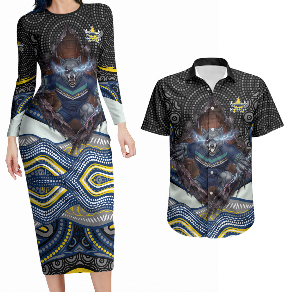 North Queensland Cowboys Couples Matching Long Sleeve Bodycon Dress and Hawaiian Shirt The Scream of Lightning Eyes - Indigenous Dot Ripping Effect