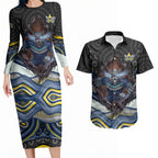 North Queensland Cowboys Couples Matching Long Sleeve Bodycon Dress and Hawaiian Shirt The Scream of Lightning Eyes - Indigenous Dot Ripping Effect