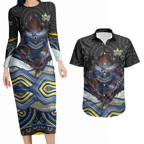 North Queensland Cowboys Couples Matching Long Sleeve Bodycon Dress and Hawaiian Shirt The Scream of Lightning Eyes - Indigenous Dot Ripping Effect