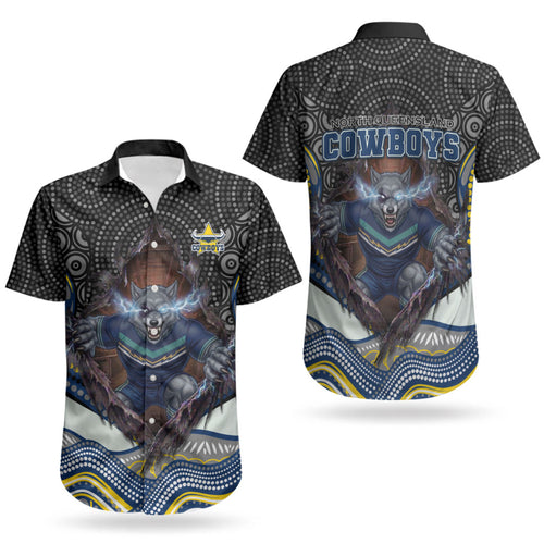 North Queensland Cowboys Couples Matching Long Sleeve Bodycon Dress and Hawaiian Shirt The Scream of Lightning Eyes - Indigenous Dot Ripping Effect
