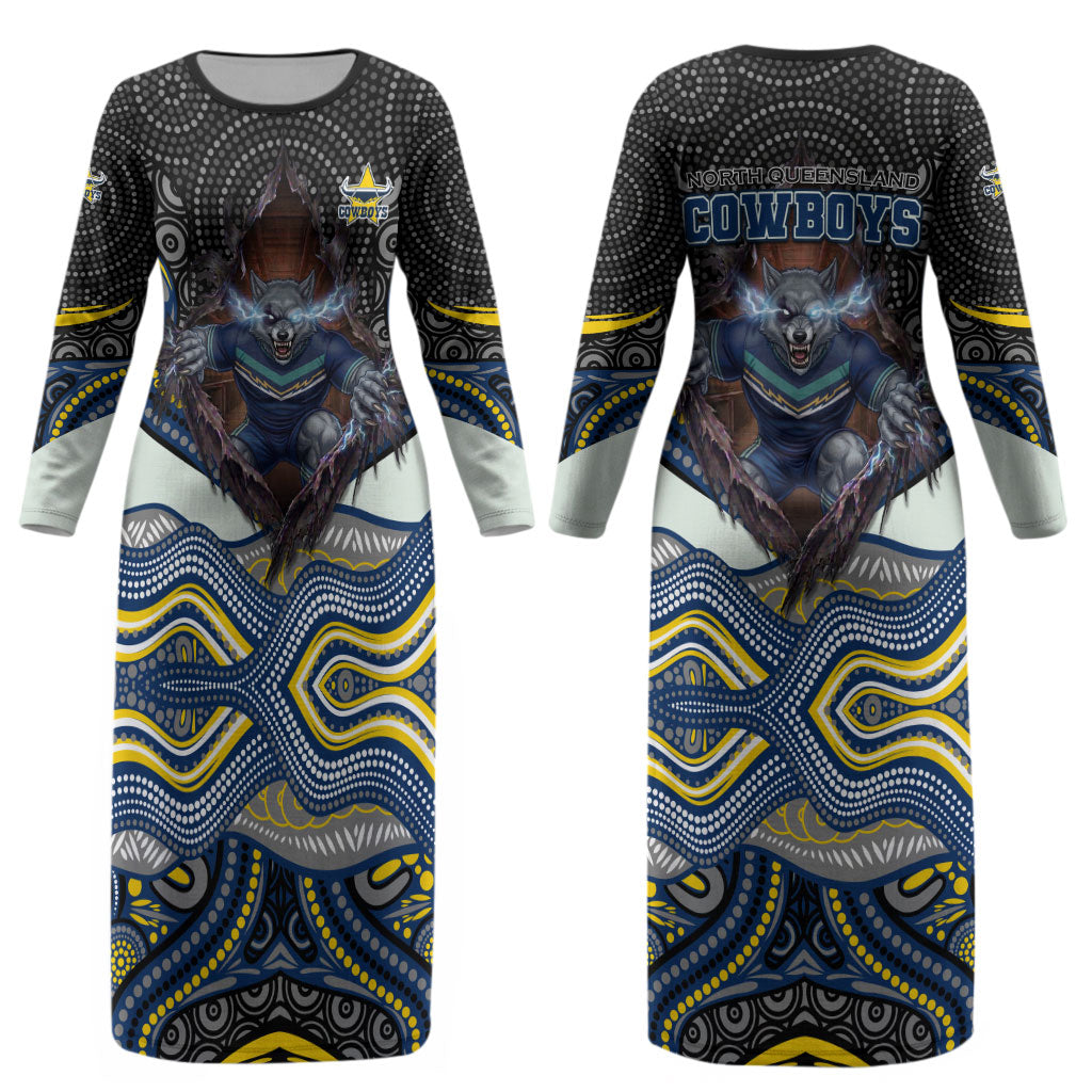 North Queensland Cowboys Couples Matching Long Sleeve Bodycon Dress and Hawaiian Shirt The Scream of Lightning Eyes - Indigenous Dot Ripping Effect